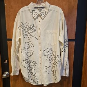 Pilcro Casual Cream Shirt with Black Leaf Pattern